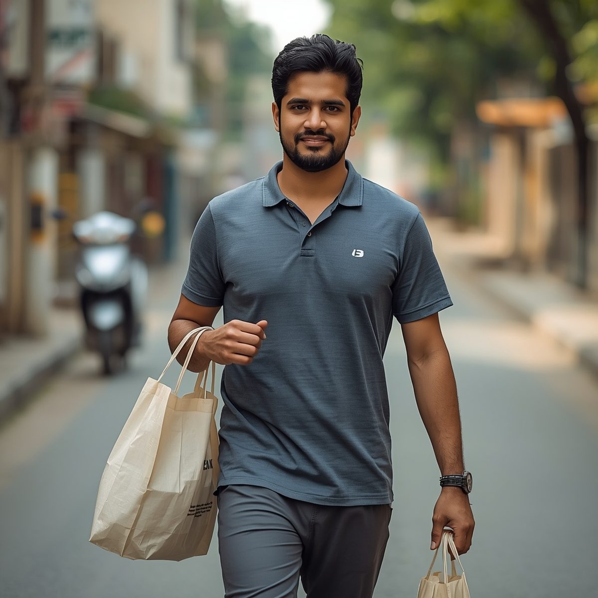 Verified Yaqeen Wala Helper carrying grocery bags on Pakistani street, daily errands and shopping service Pakistan